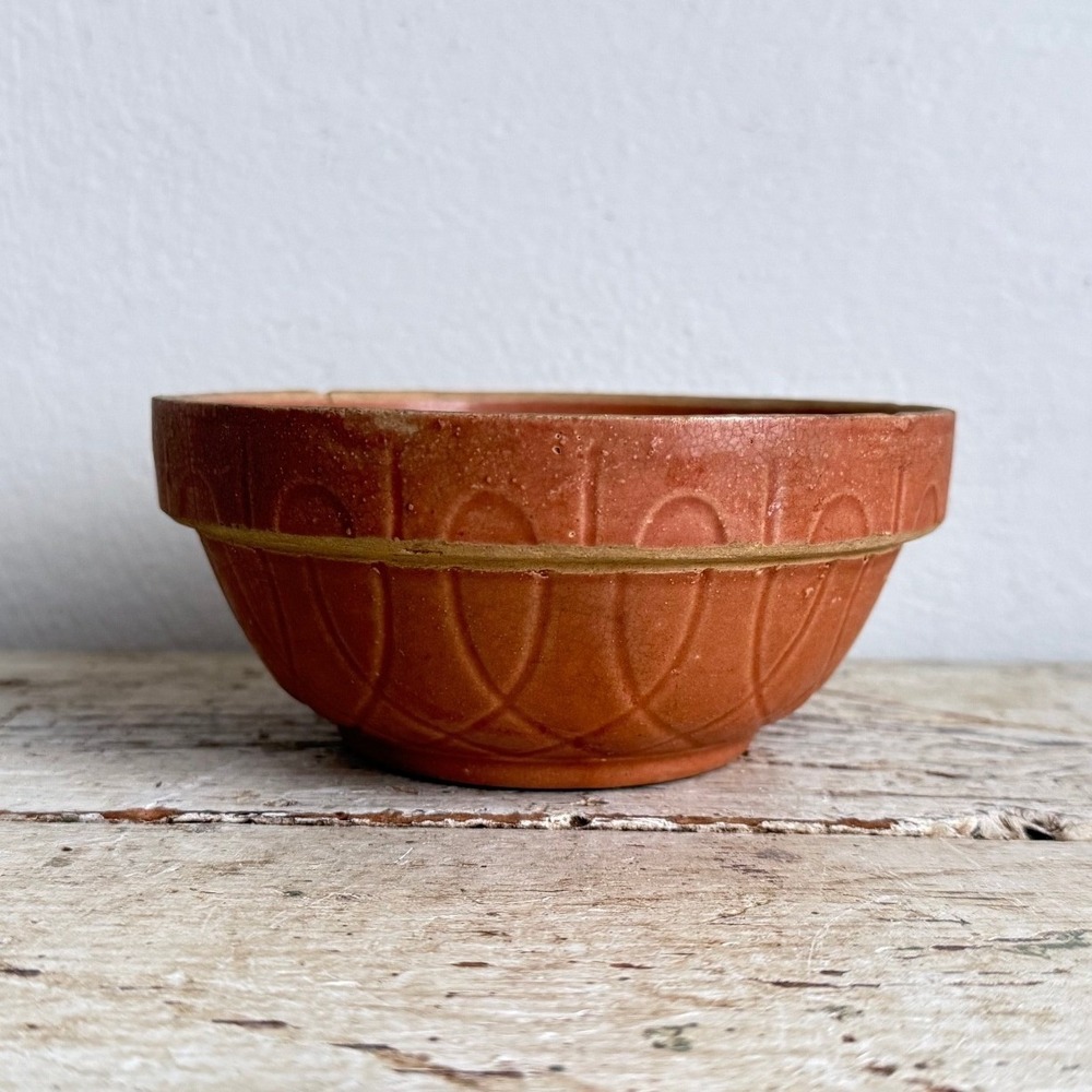 Vintage Oven Ware #5 Terracotta Mixing Bowl USA Embossed Geometric 6" CSGC